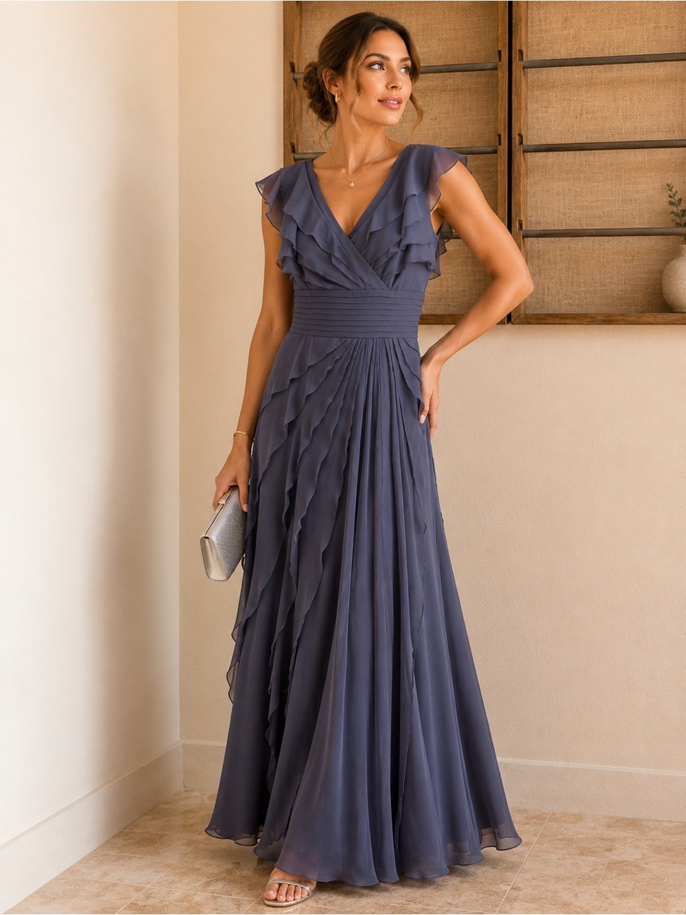 Adrianna Papell Slate Blue Ruffle V-Neck Maxi Dress